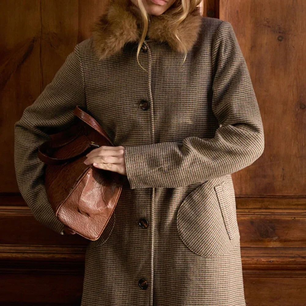 Motel rocks Norciel Longline Coat In Check Brown With Fur Collar - Picture 4 of 5